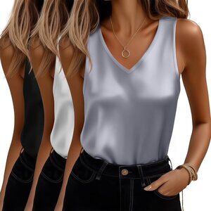 Elegant Women's V Neck Tank Tops in Silk Satin - 3 Pack for Effortless Style